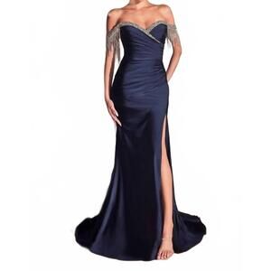NEW LADIVINE stretch satin off the shoulder dress in navy